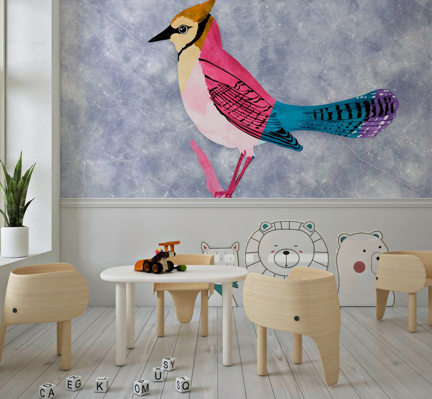 Bedroom accent wall featuring the striking Colorful Jay bird.