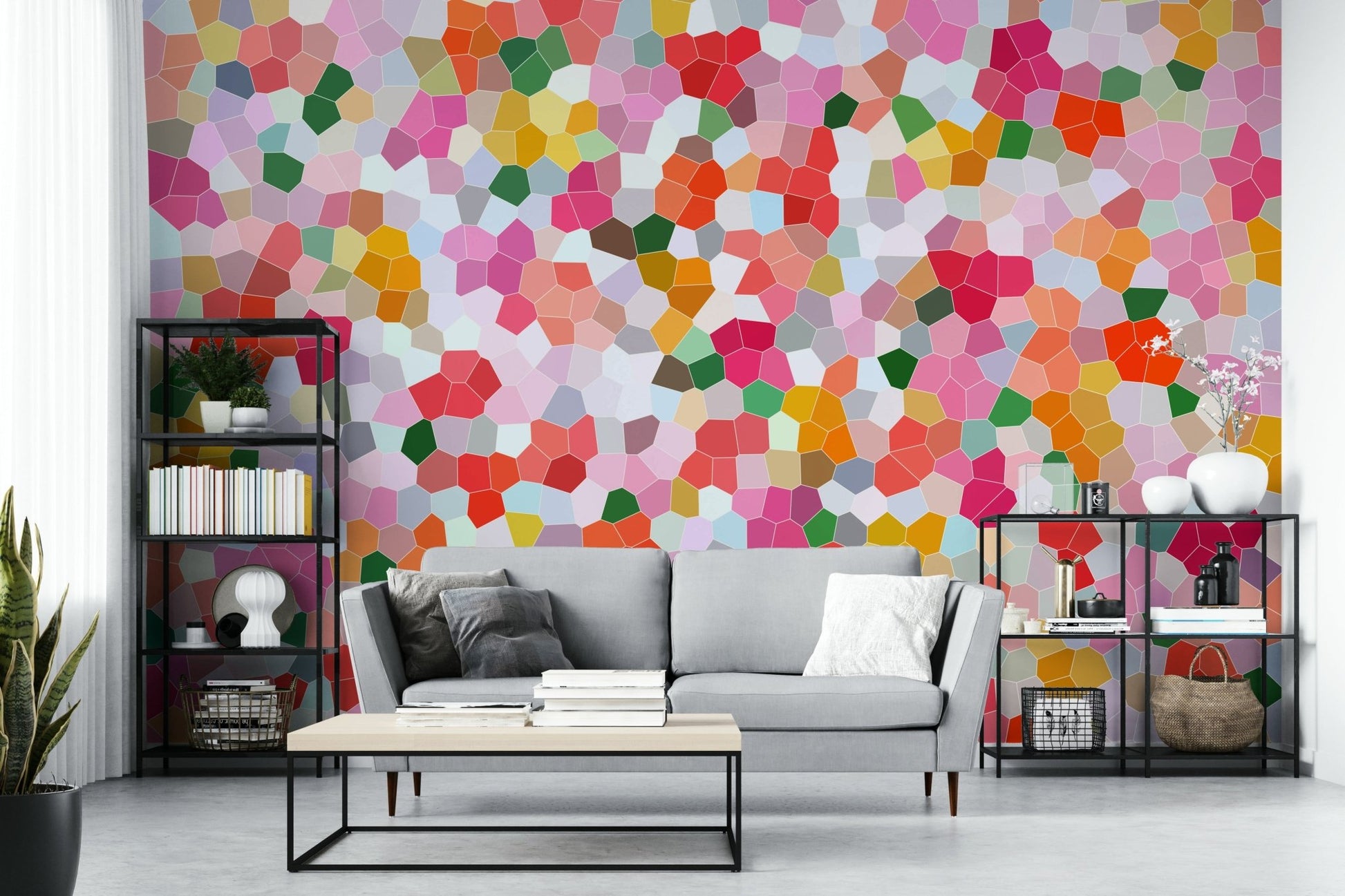 Features an intricate mosaic design composed of numerous geometric shapes.
