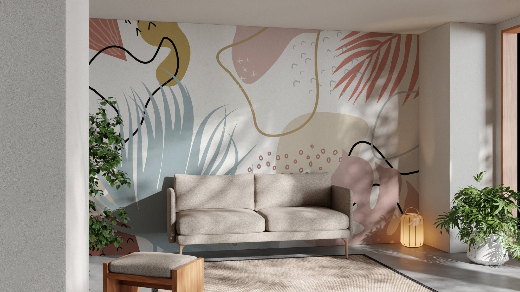 Abstract pastel leaves wallpaper for modern interiors. A793