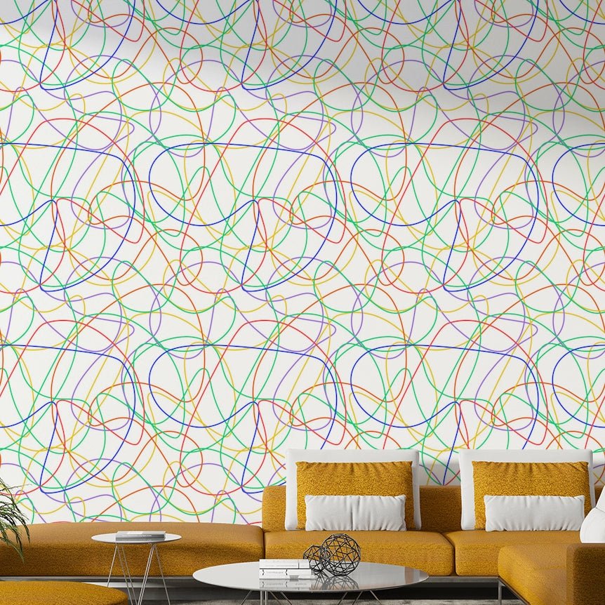 Colorful line print wall mural.
