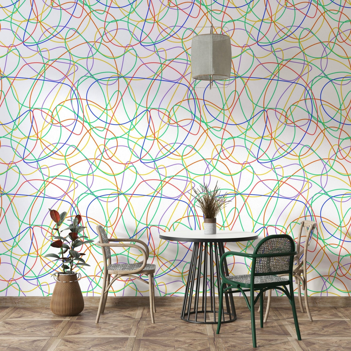 Wall mural with a bright line design.
