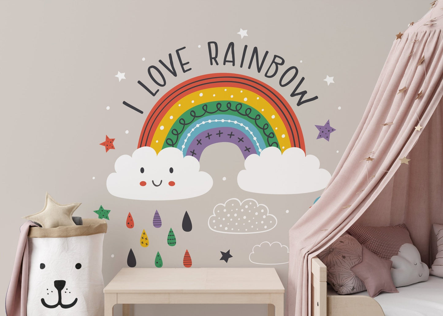 Cheerful rainbow and cloud wallpaper art
