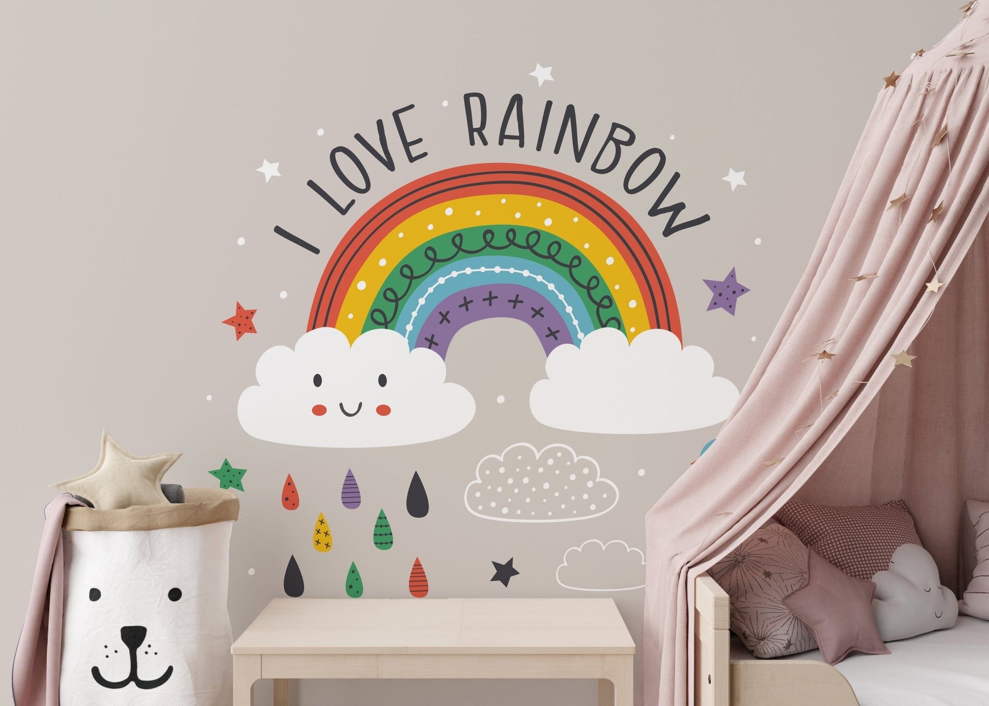 Cheerful rainbow and cloud wallpaper art
