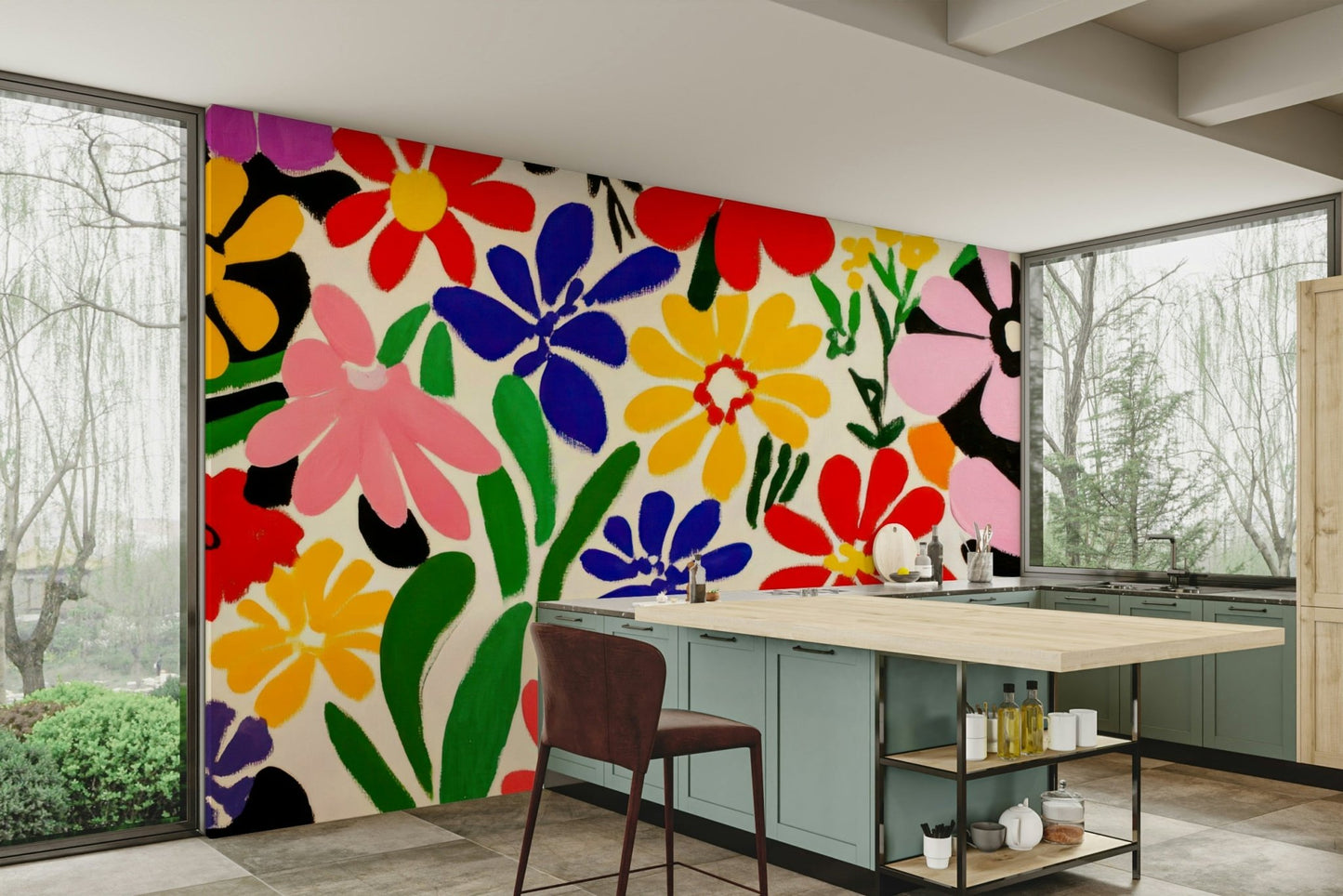 Modernist garden mural with retro flower cut-outs

