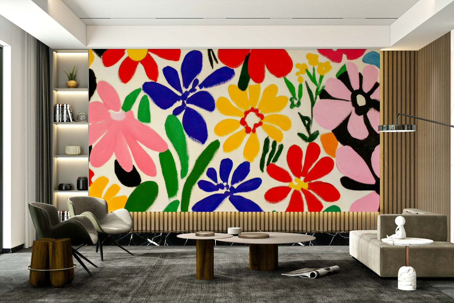 Vibrant Matisse-style mural in coral, blue, and yellow

