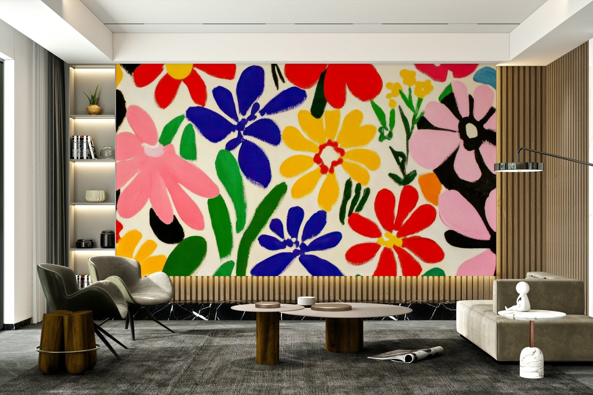Vibrant Matisse-style mural in coral, blue, and yellow

