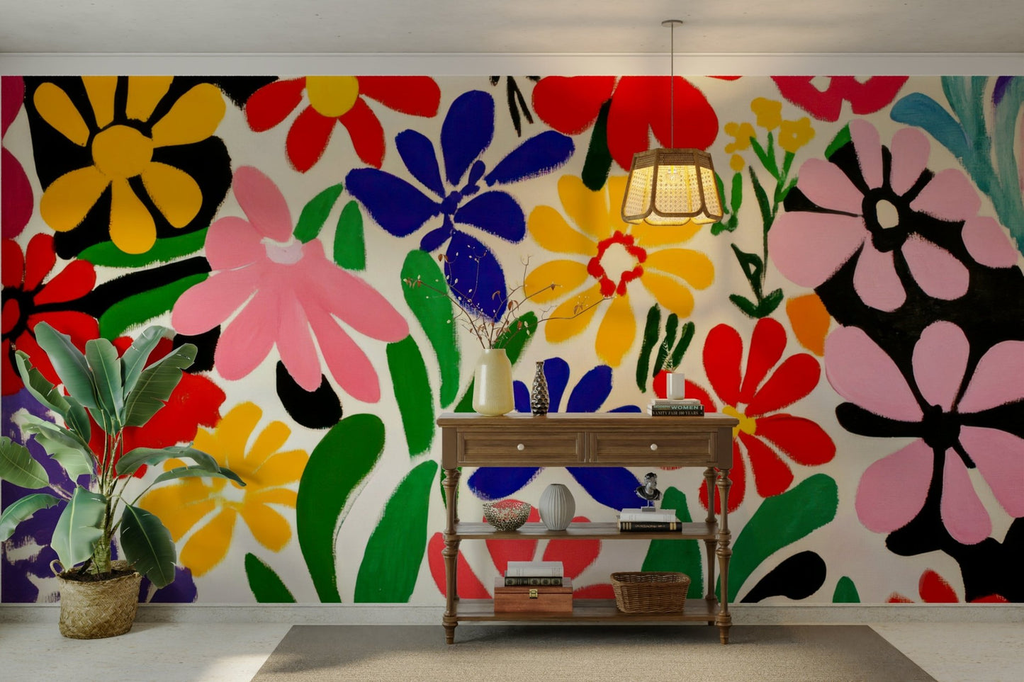 Playful 1950s-inspired mural with expressive flower motifs


