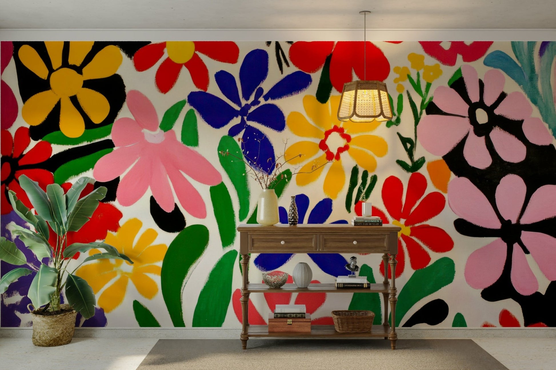 Playful 1950s-inspired mural with expressive flower motifs

