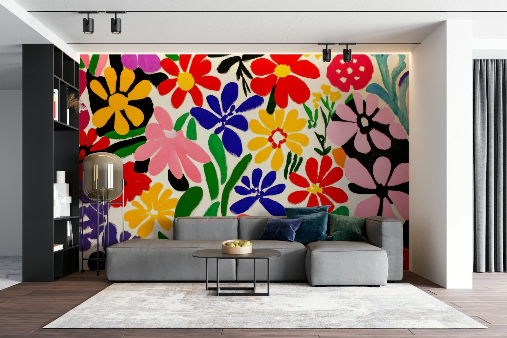 Abstract mural with freeform floral shapes in vivid colors

