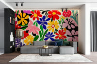 Abstract mural with freeform floral shapes in vivid colors

