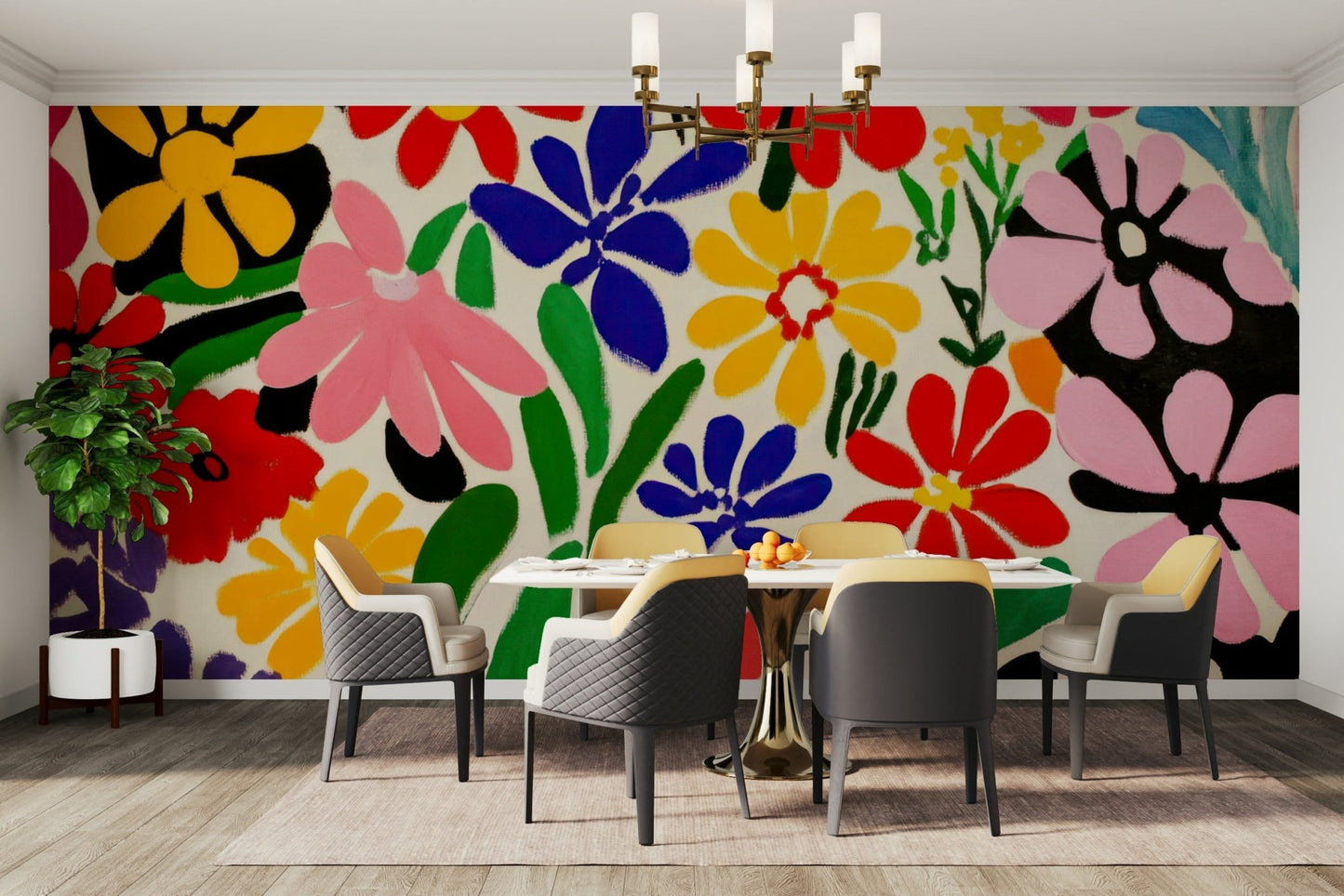 Whimsical wall mural with cut-out flowers in bright hues


