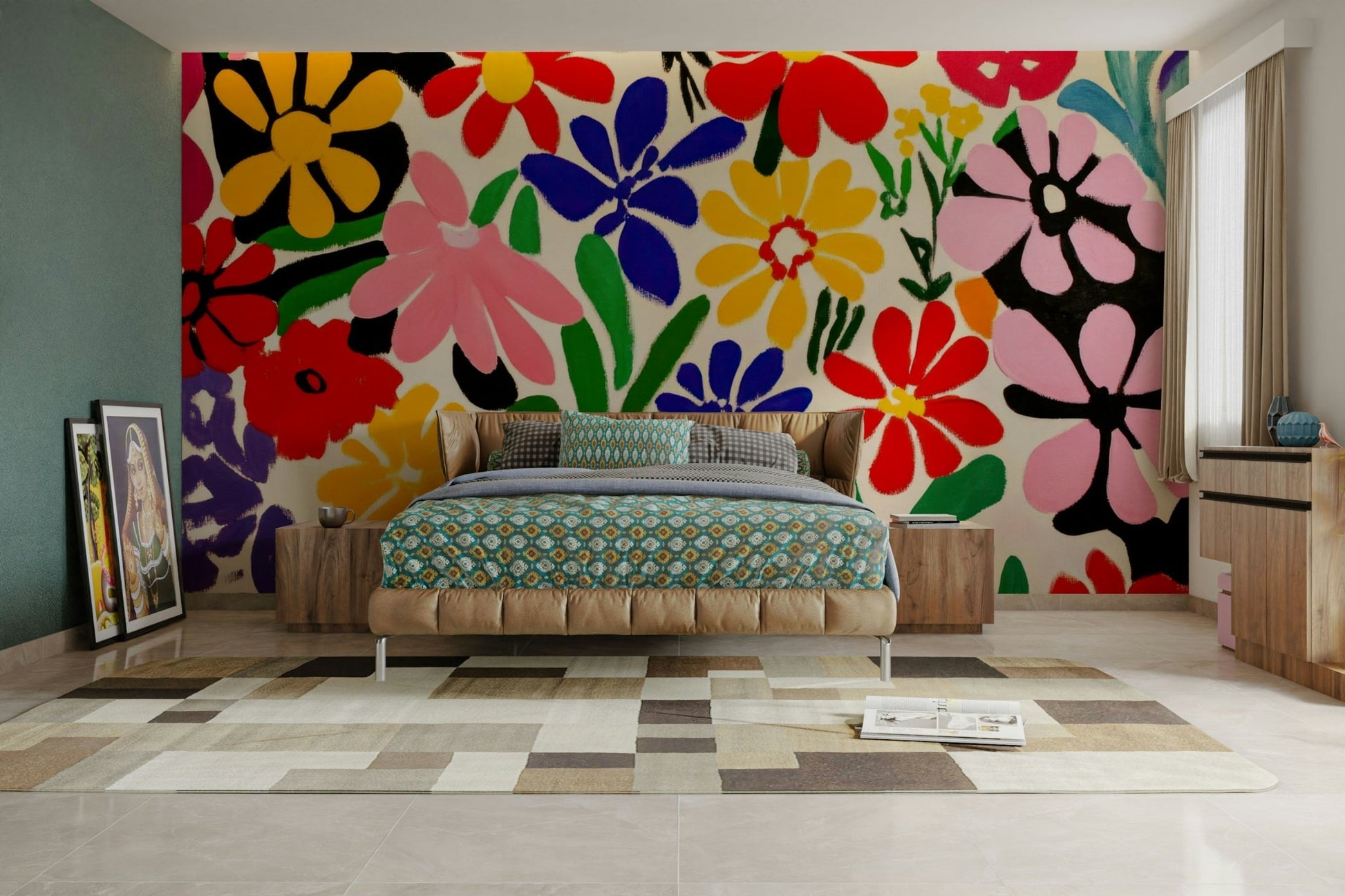 Living room featuring 1950s Matisse-inspired mural

