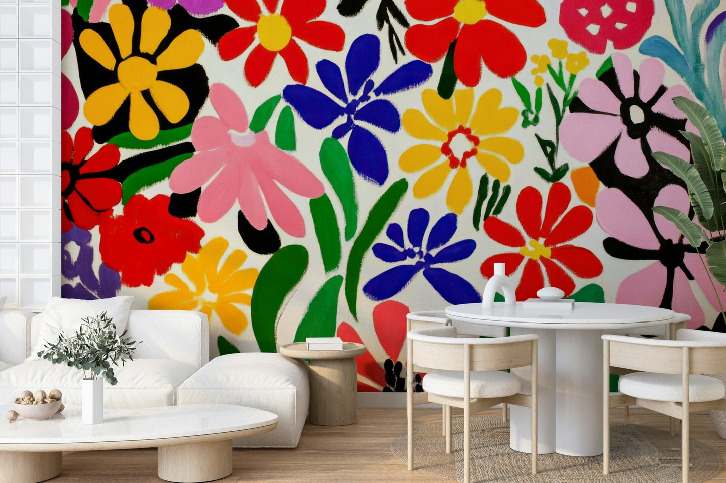 Children’s art space with colorful floral abstract mural

