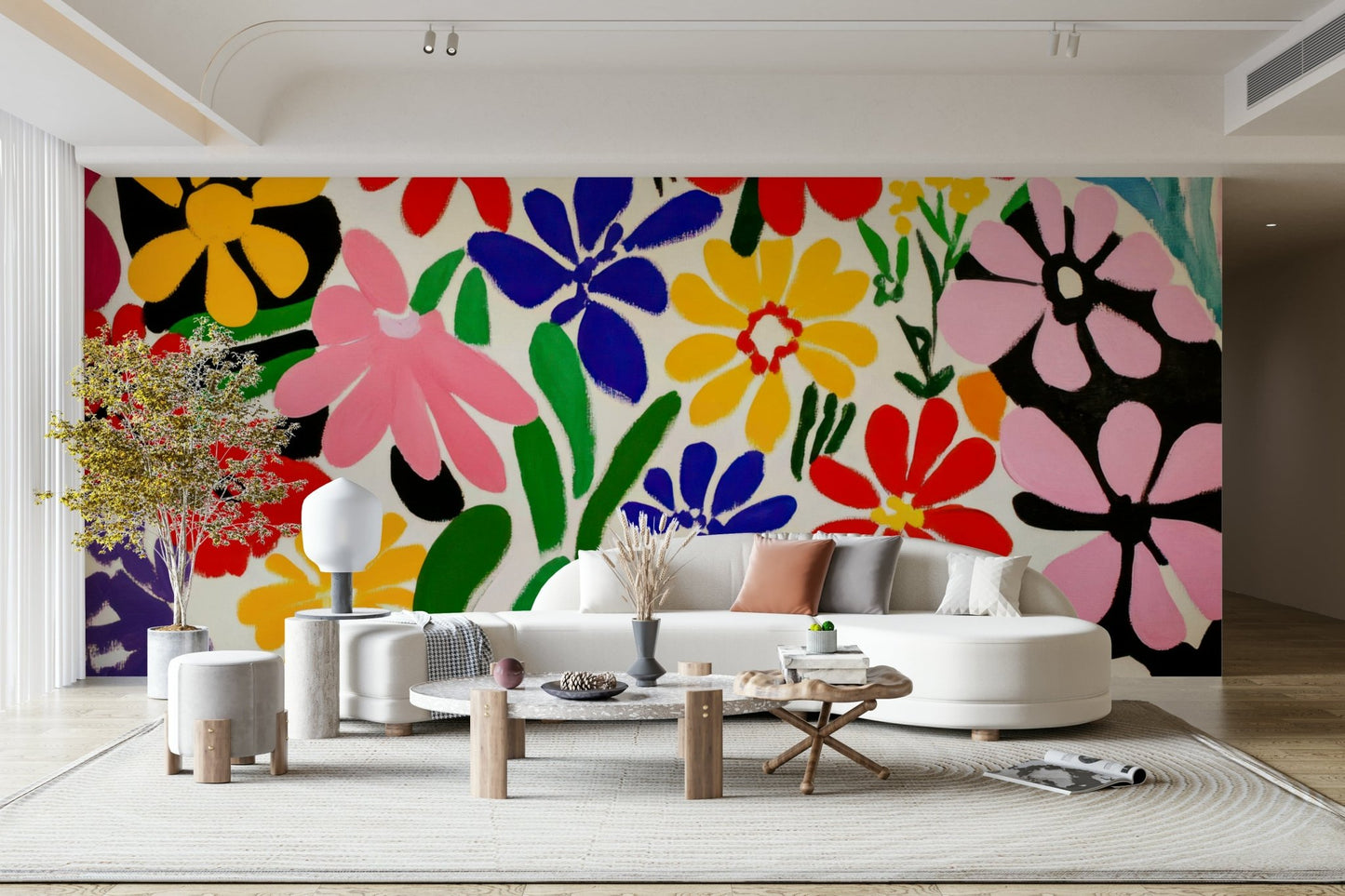 Colorful Matisse-style flower mural with 1950s art flair

