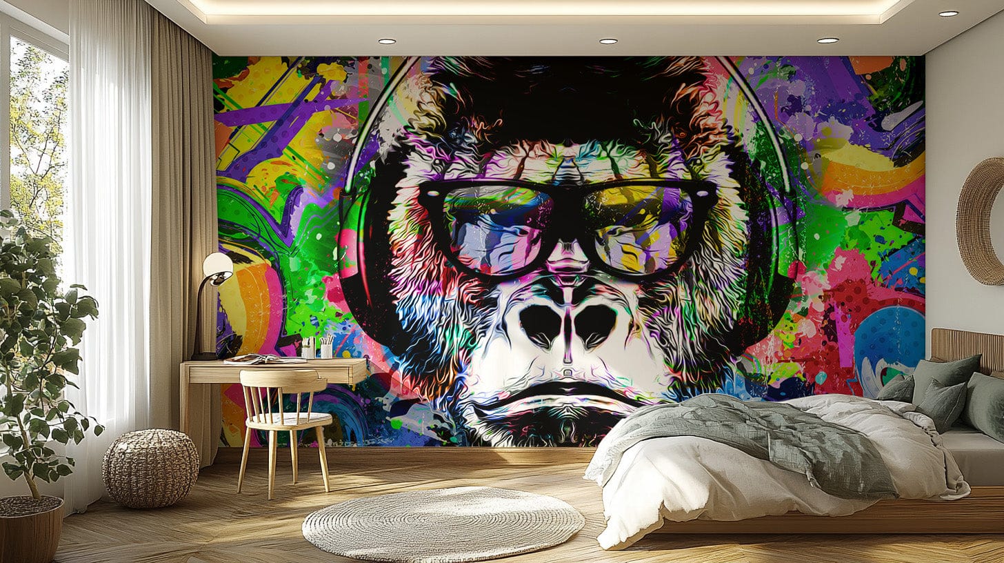 Playful colorful monkey graffiti wallpaper design., B316