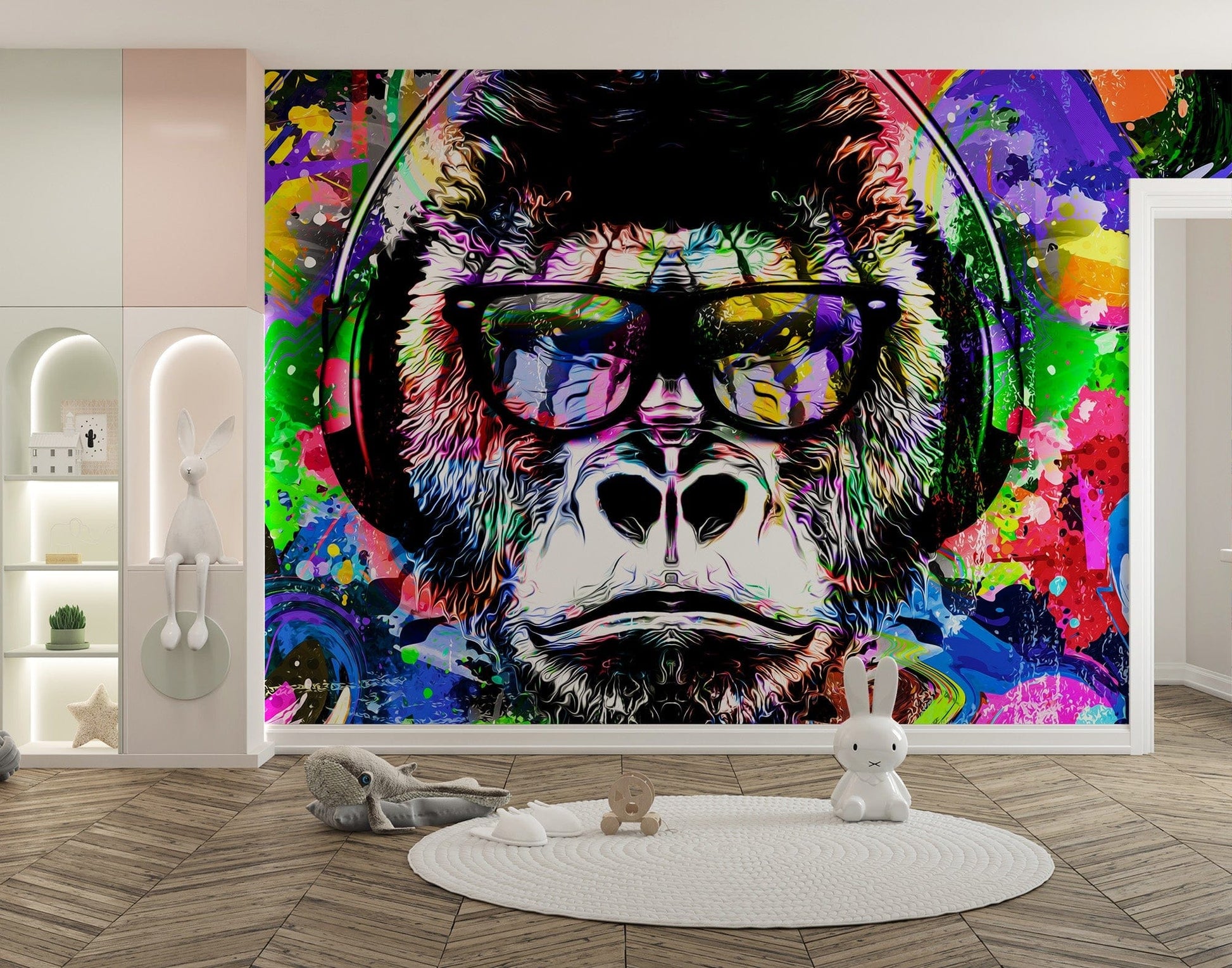 Eye-catching monkey graffiti wallpaper mural for trendy spaces., B316