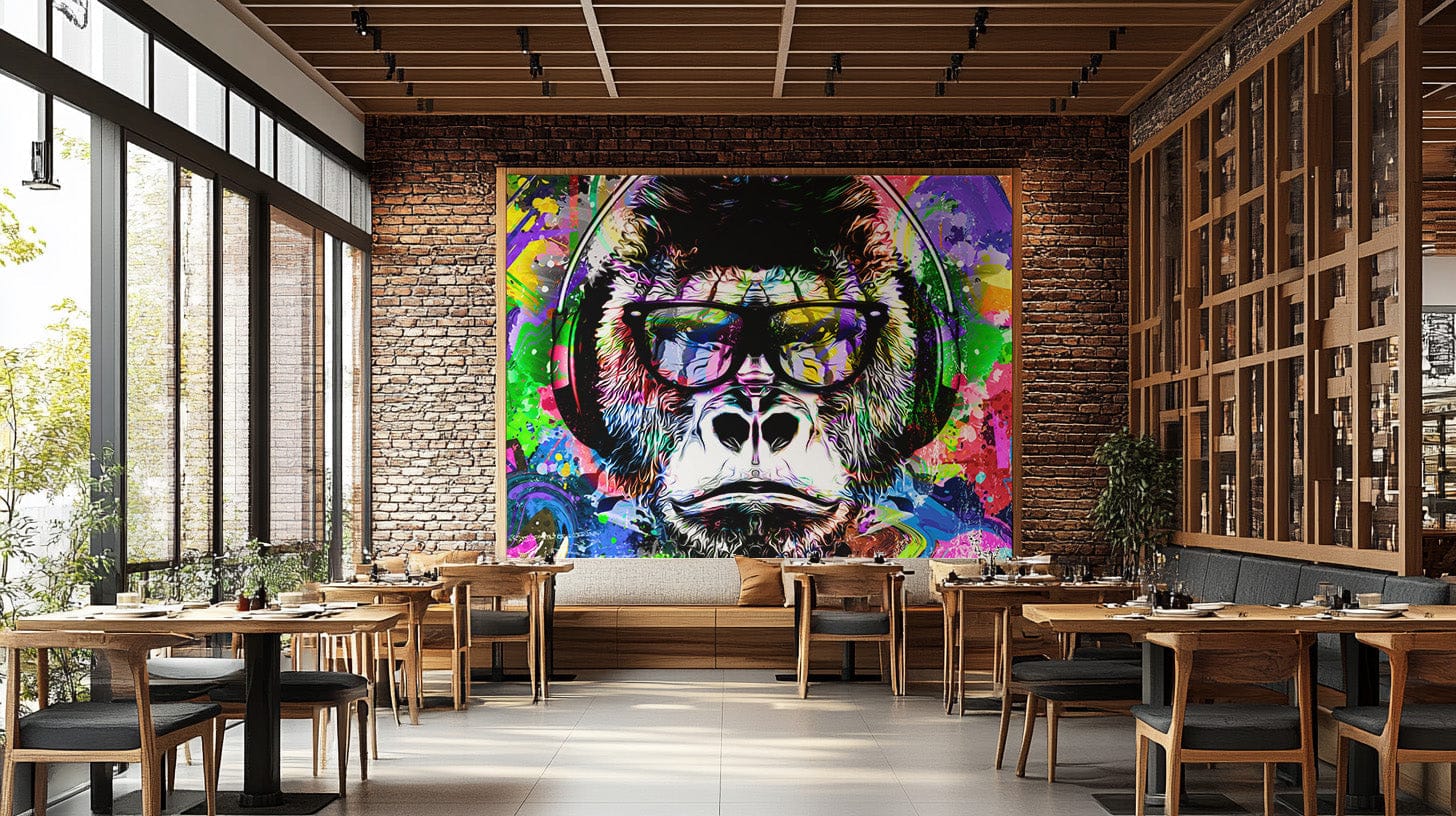 Vibrant colorful monkey graffiti wallpaper mural for walls., B316