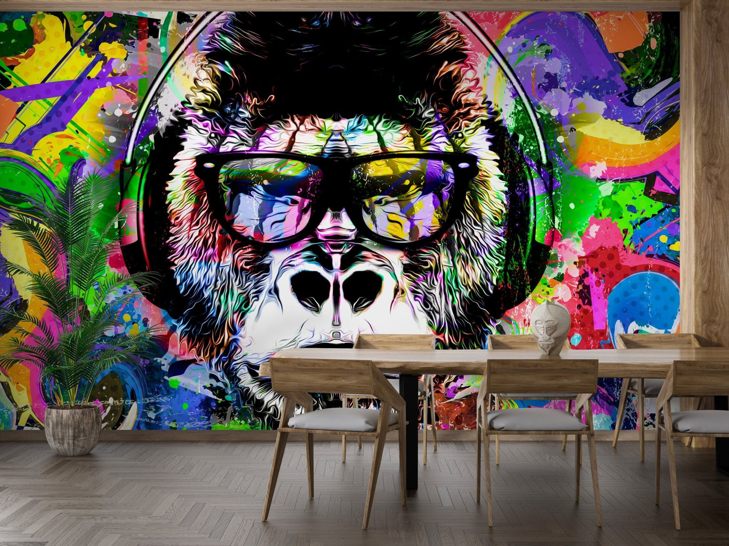 Artistic monkey graffiti mural wallpaper with bold colors., B316