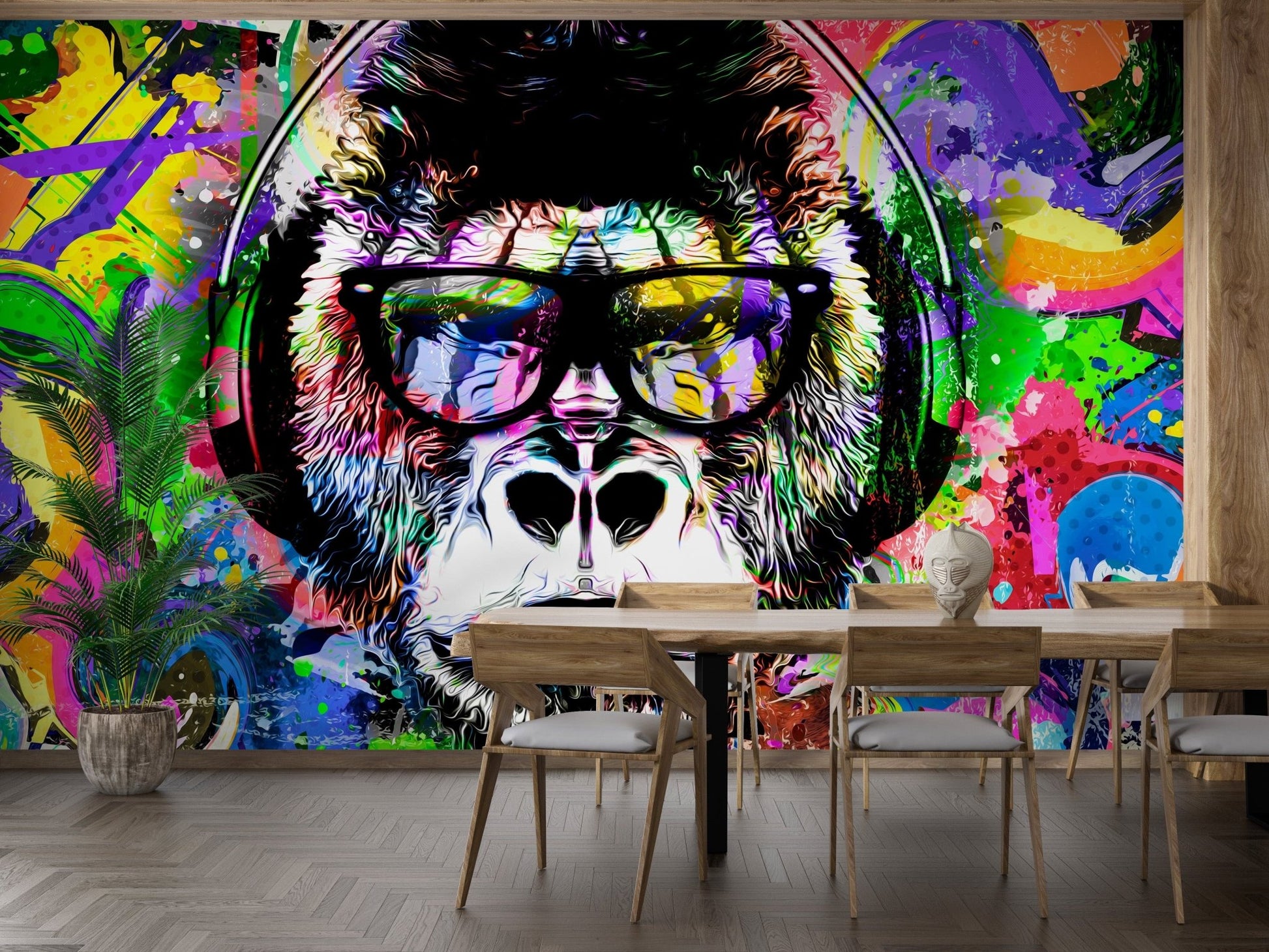 Artistic monkey graffiti mural wallpaper with bold colors., B316
