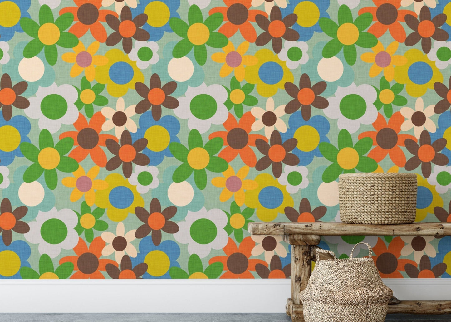 Retro colorful floral wallpaper with vibrant flowers
