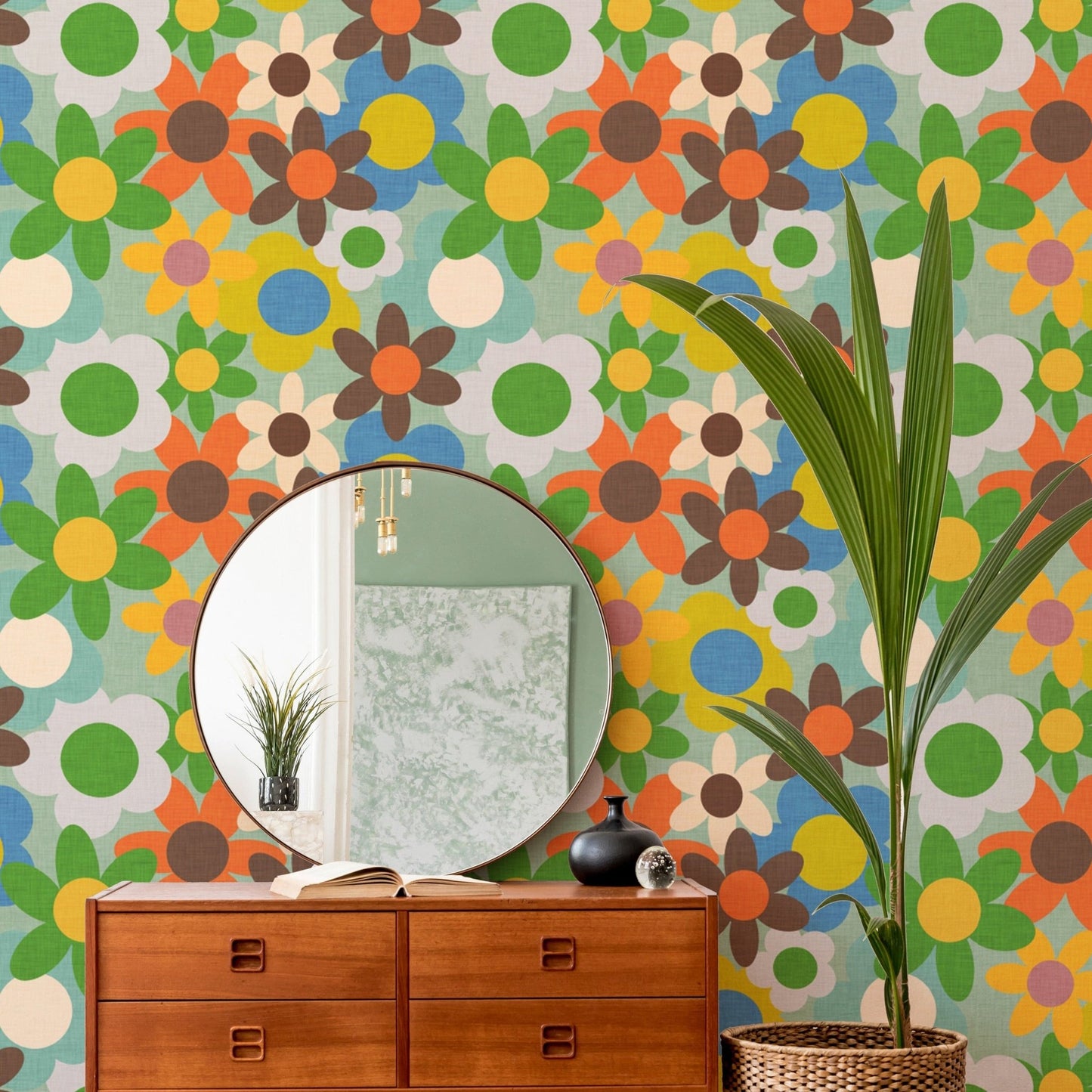 Vibrant flower design mural with retro aesthetics

