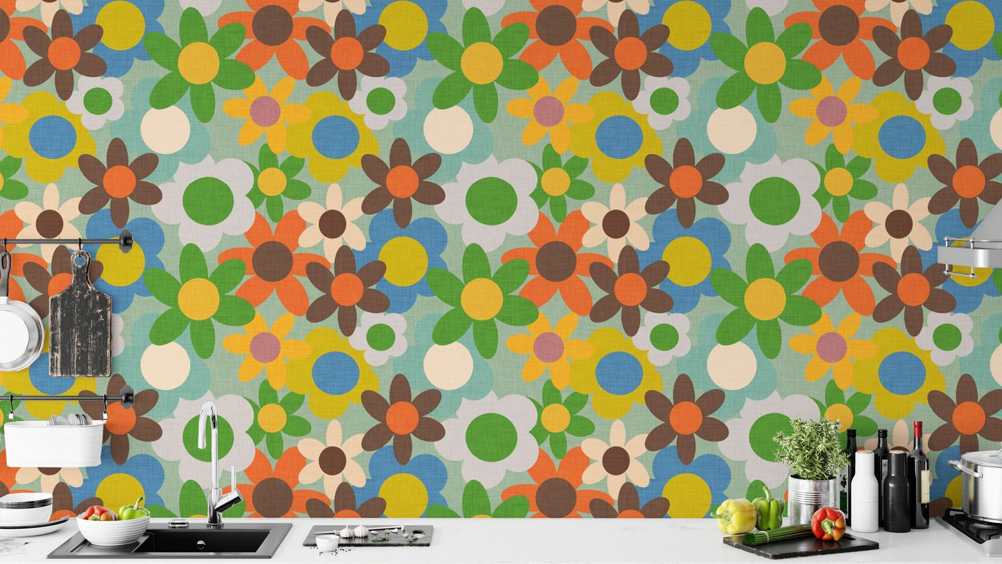Funky retro floral wallpaper with bold flower prints
