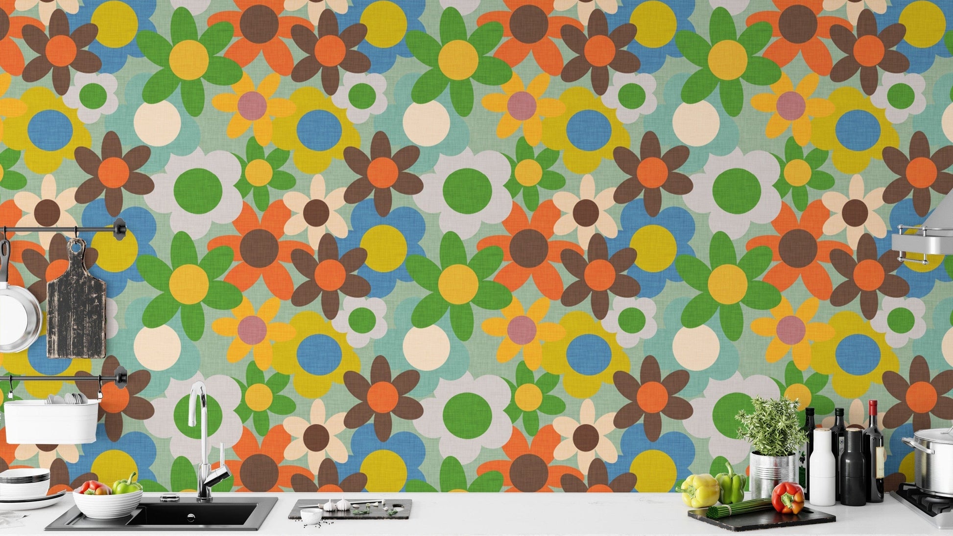 Funky retro floral wallpaper with bold flower prints
