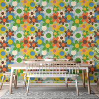 Playful floral wallpaper with retro flower shapes
