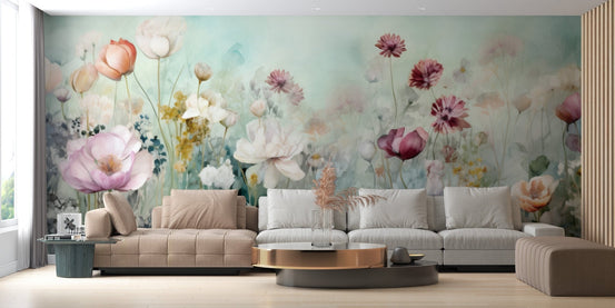 Colorful pastel flower wallpaper mural for a vibrant, artistic room decor., DTIL44