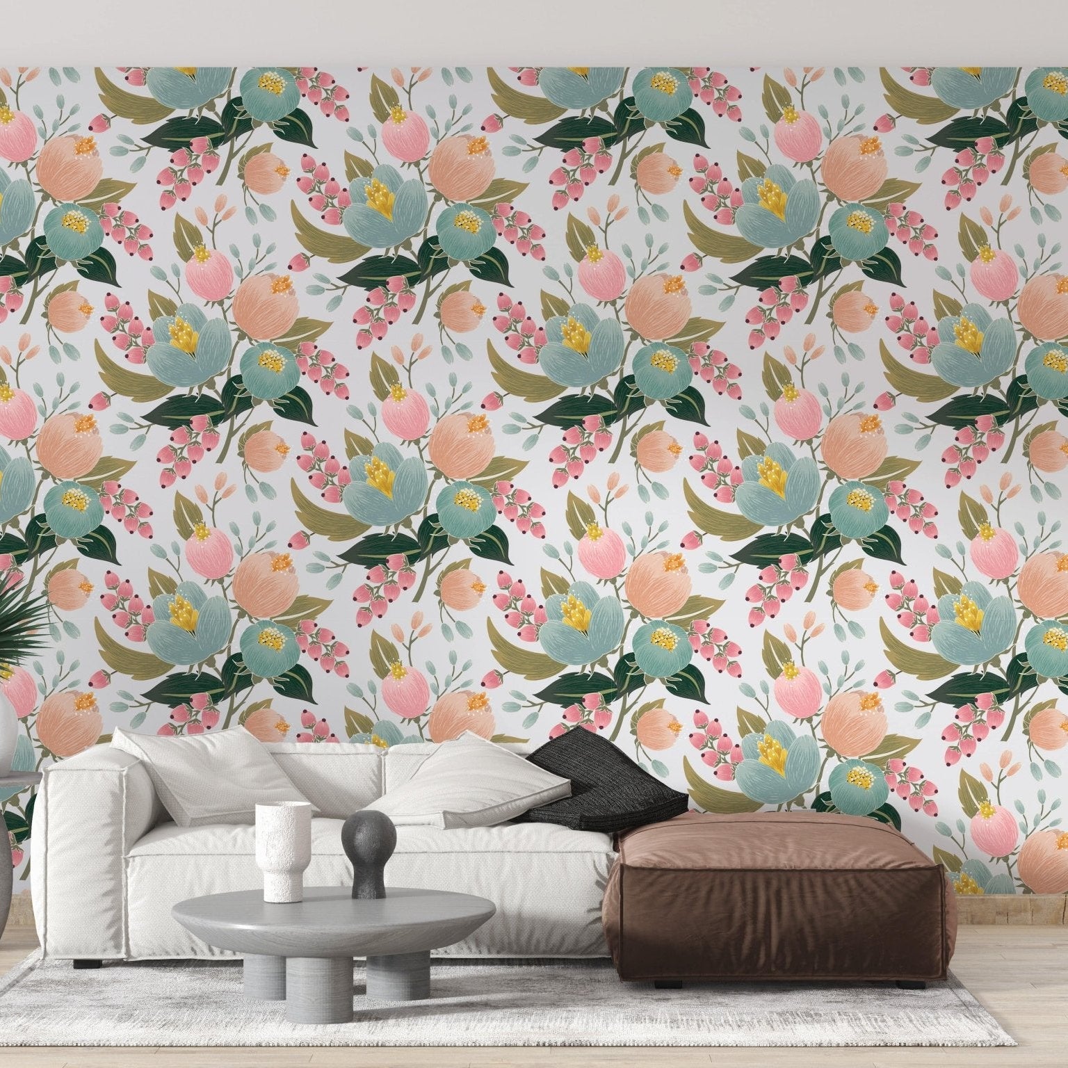Bright floral wallpaper with delicate blooms B084
