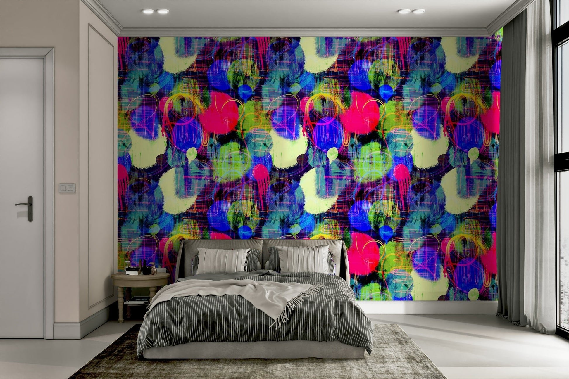 Playful urban art mural for a living room.
