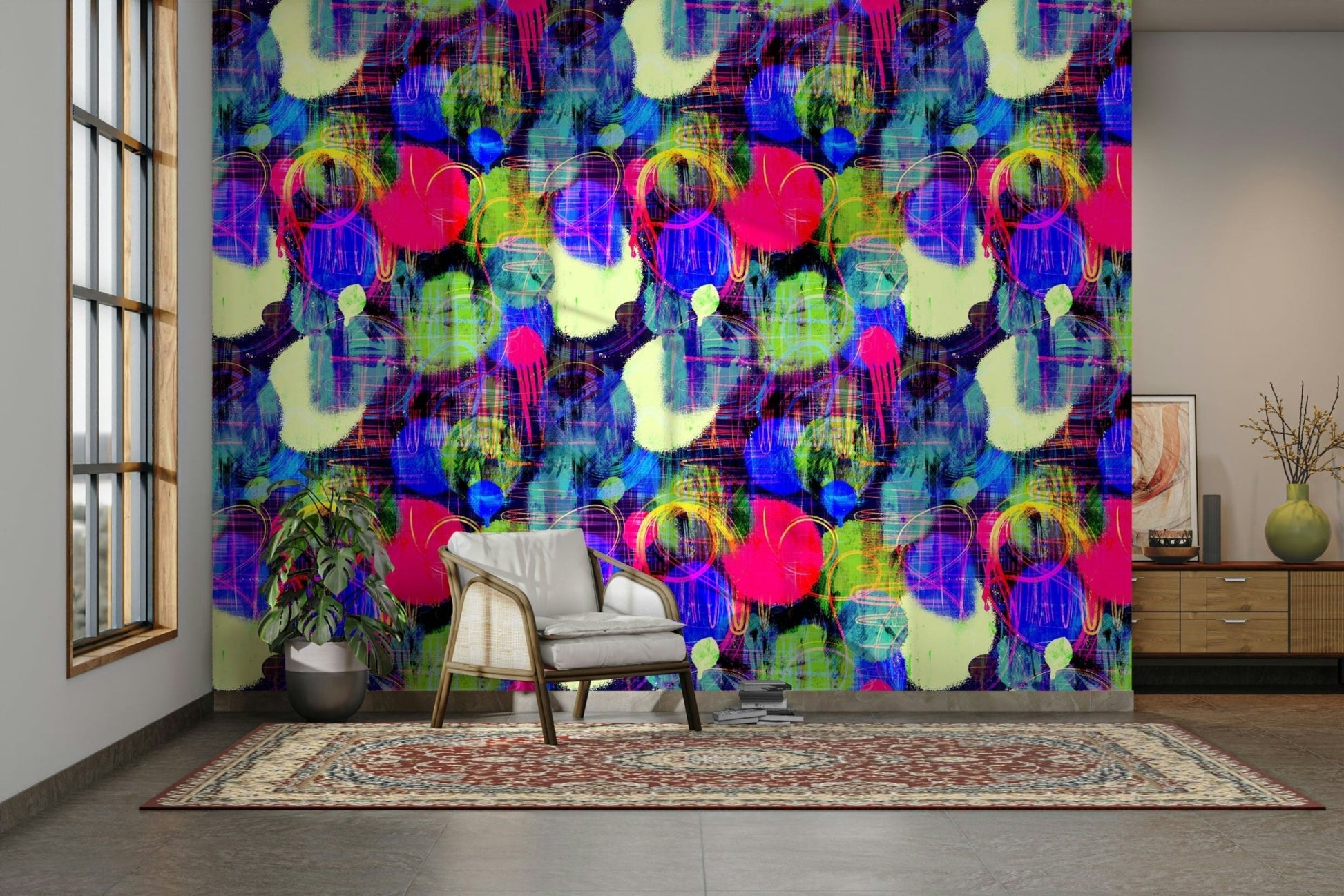 Brightly colored street scene wallpaper.
