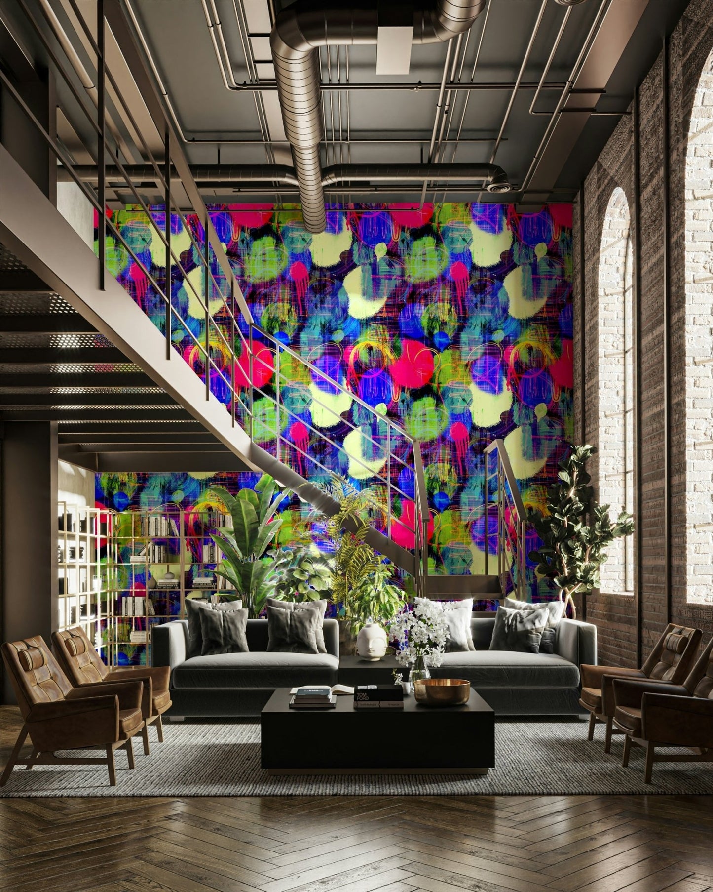 Wall mural of a city street with graffiti.
