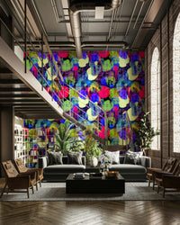 Wall mural of a city street with graffiti.
