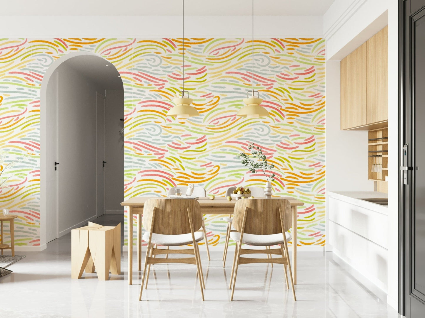 Fresh Strokes pattern wall mural, cheerful orange, pink, and green swirls.