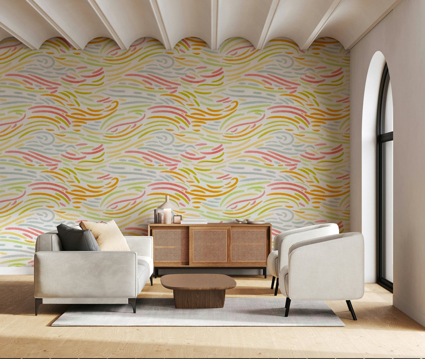Stylish Strokes Mural, lively lines in pastel and citrus hues.