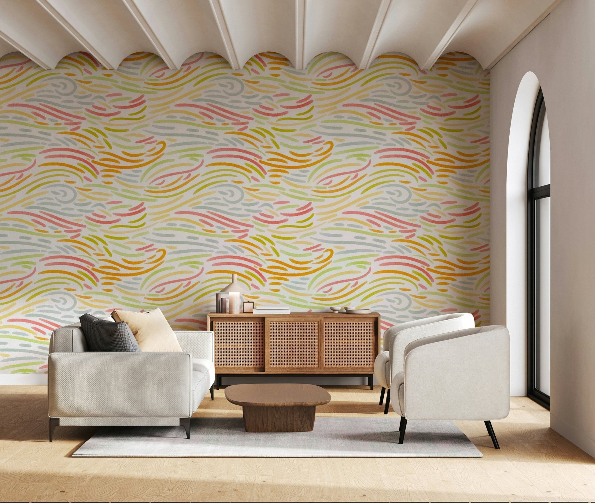 Stylish Strokes Mural, lively lines in pastel and citrus hues.