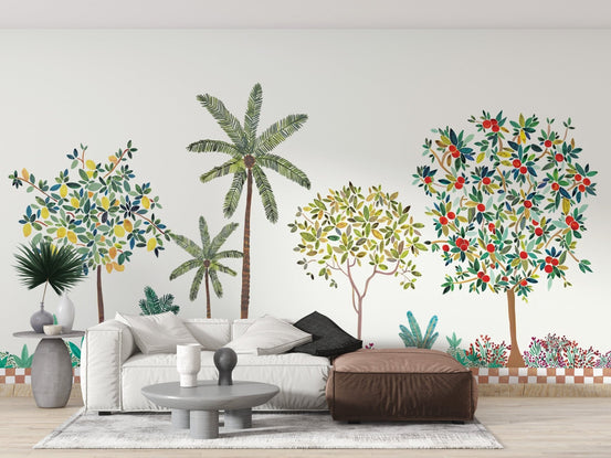 Lush green and colorful tree wallpaper for home decor, C32