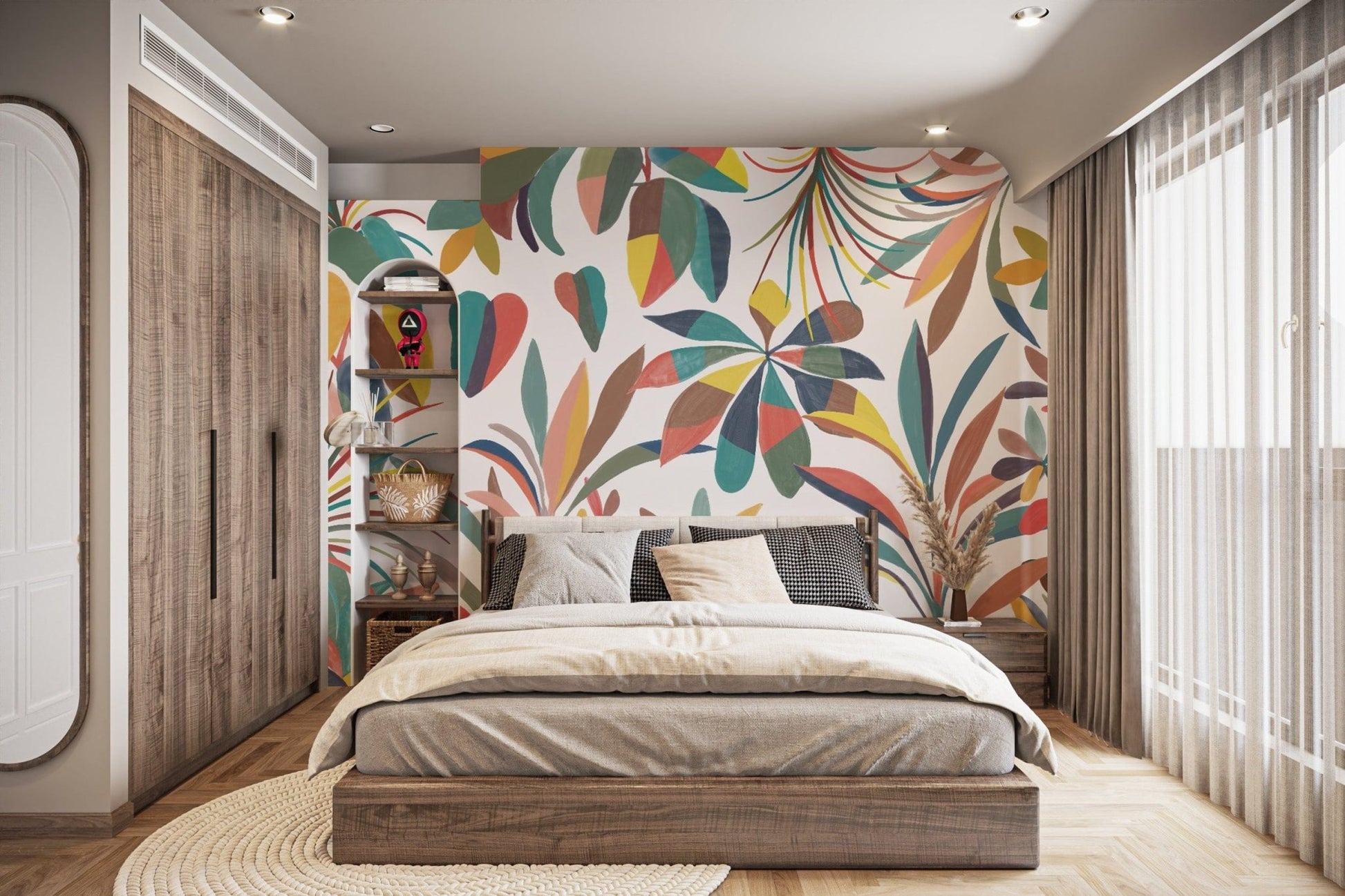 Hand-painted tropical flower wall mural
