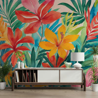 An interior with a lush and exotic accent wall

