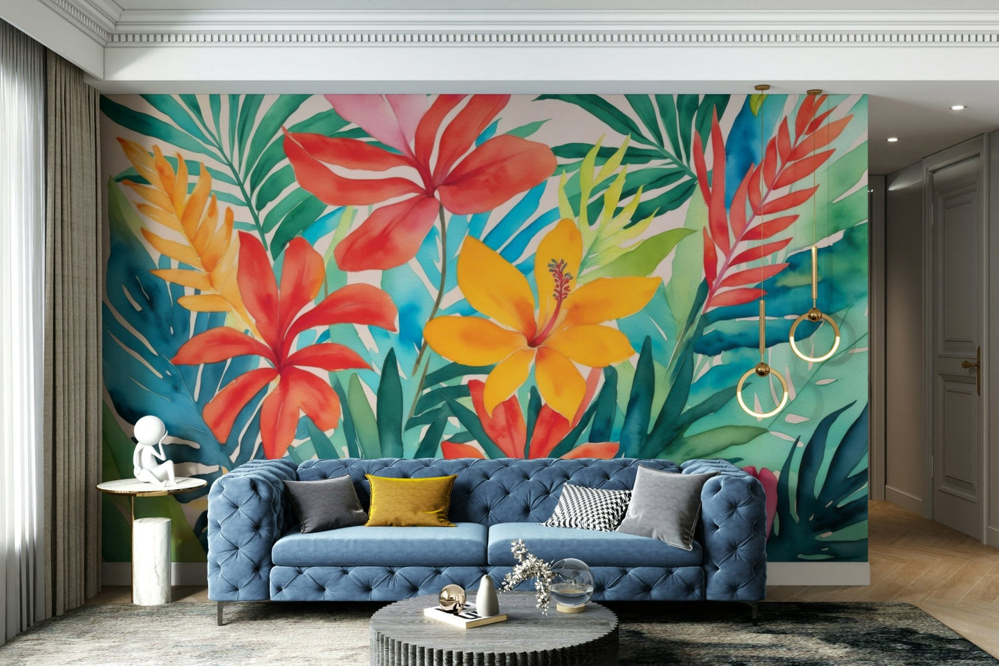 A dining area decorated with a colorful tropical mural


