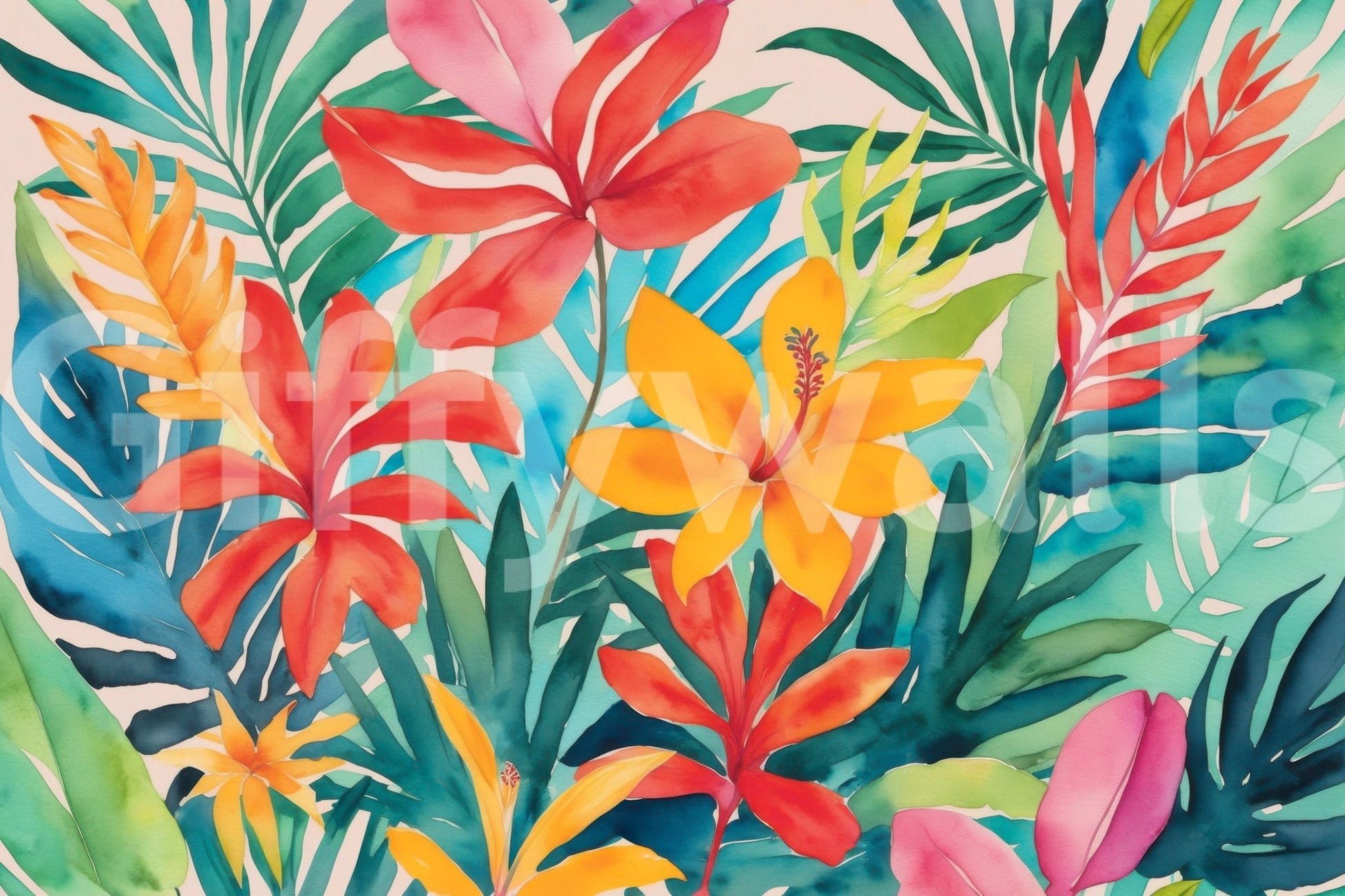 A seamless pattern of tropical plants and colors on a wall

