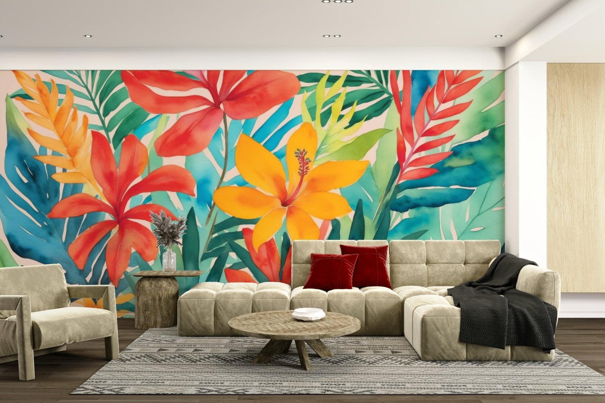 Wallpaper with a painterly, stylized jungle design

