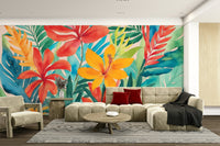 Wallpaper with a painterly, stylized jungle design

