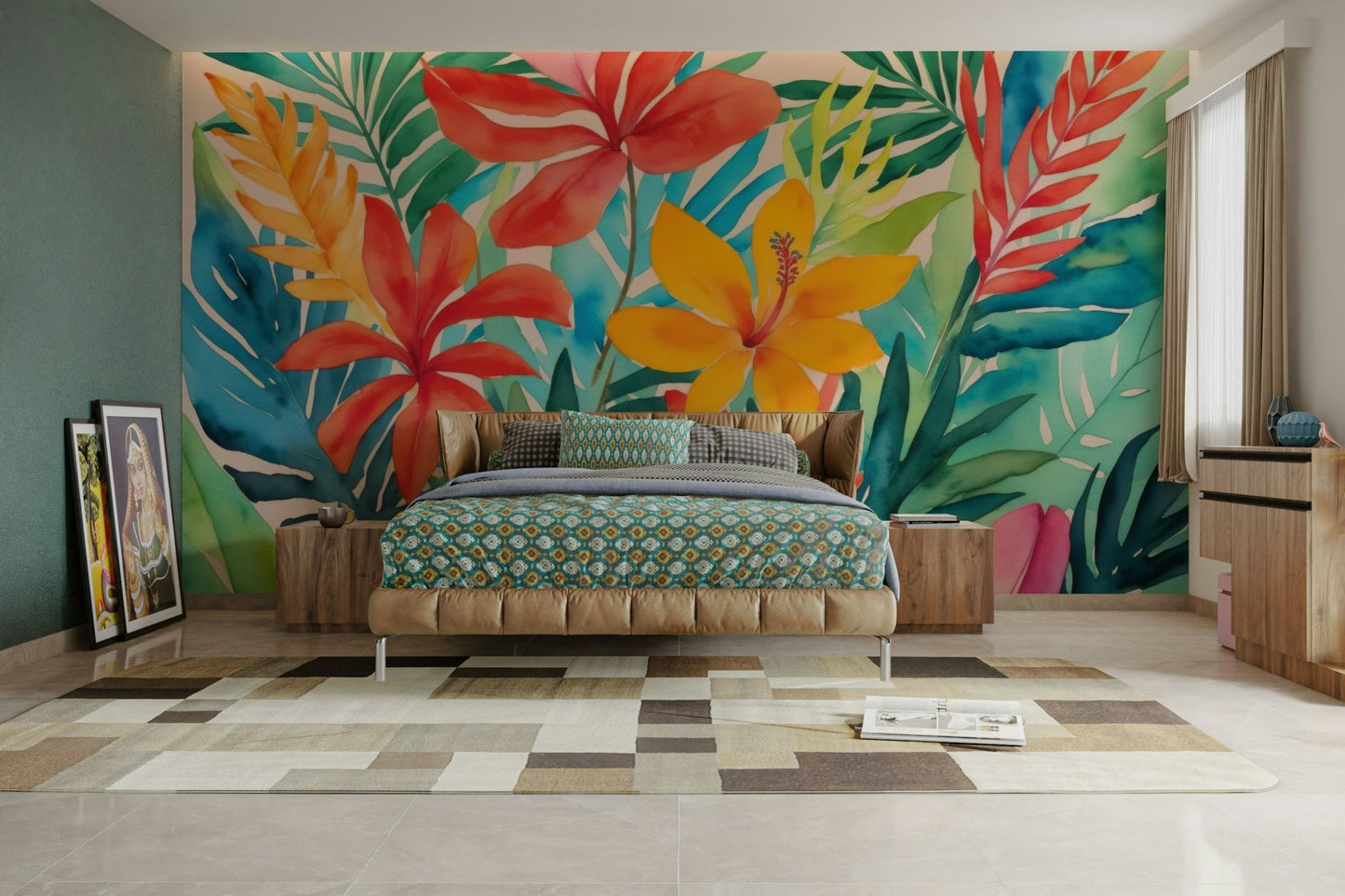 An angled shot of a wall with bright tropical wallpaper

