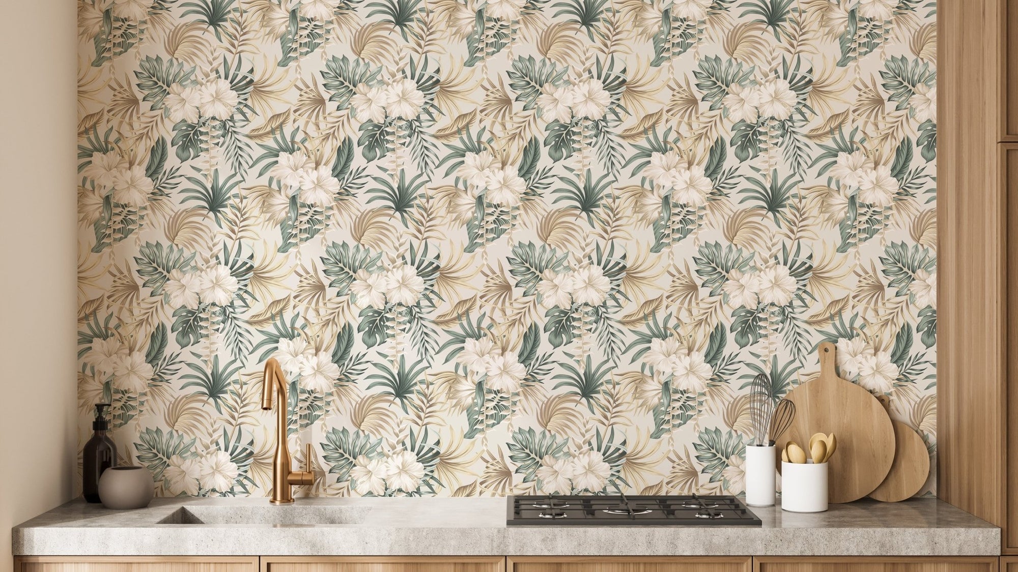 Chic floral and palm leaf wall mural B075
