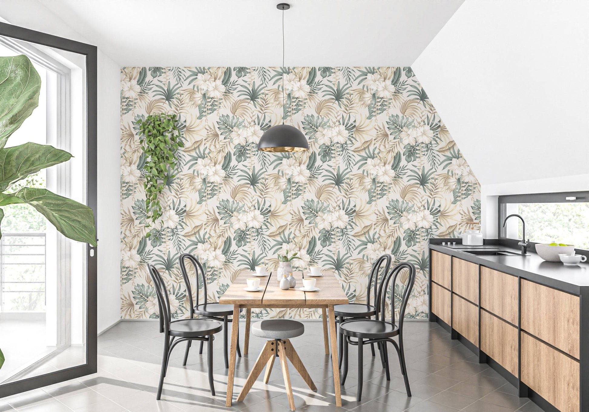 Tropical floral foliage palm leaves mural
