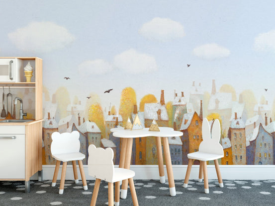 Watercolor city view mural for modern interiors A664