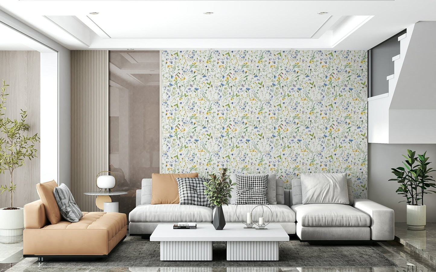 Elegant Colorful Watercolor Meadow wallpaper subtle botanical repeat.