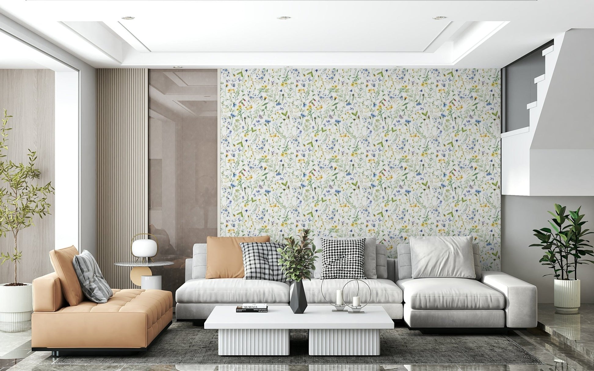 Elegant Colorful Watercolor Meadow wallpaper subtle botanical repeat.